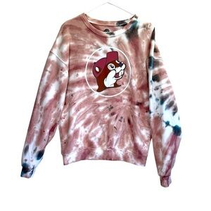 Buc-ees Pink and Blue Tie-Dye Sweatshirt with Cartoon Beaver Logo. Size S/M